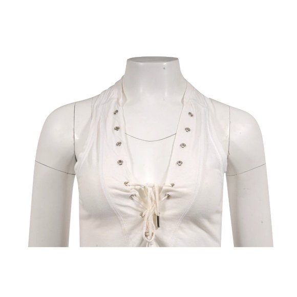 Dsquared2 Womens Lace Up Logo Deep V Neck Tank Top Small White Cotton Linen Y2k - Picture 2 of 11